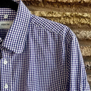 Hyden Yoo Men's Purple Blue Gingham Check Button Front Shirt Size Medium